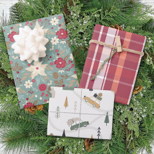 Winter Poinsettia Plaid Traditional Christmas Wrapping Paper Sheet