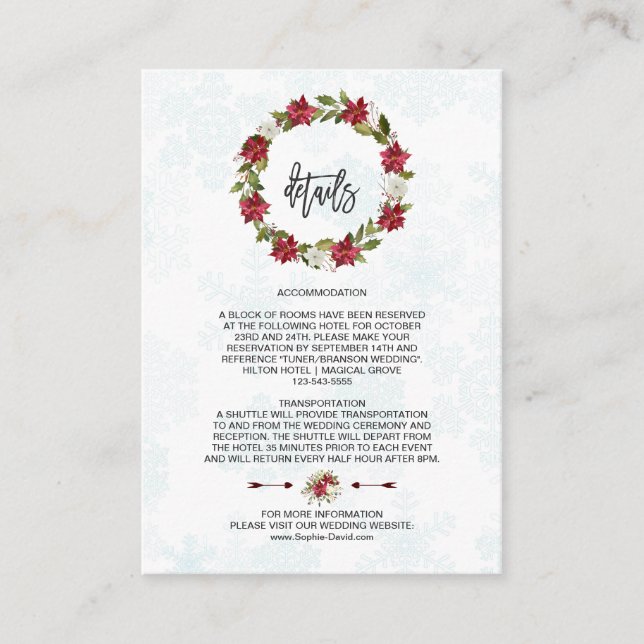 Winter Poinsettia Snowflakes Wedding Details Enclosure Card (Front)