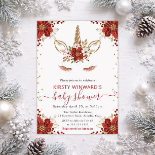 Winter Poinsettia Unicorn Baby Shower Invitation