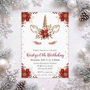 Winter Poinsettia Unicorn Kids Birthday Invitation