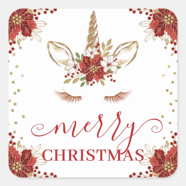 Winter Poinsettia Unicorn Merry Christmas Square Sticker (Front)