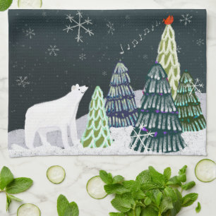 Winter Polar Bear and Cardinal Kitchen Tea Towel