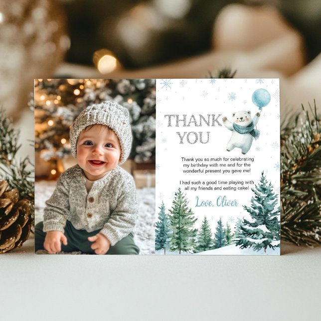 Winter Polar Bear Birthday Photo Thank You Card (Creator Uploaded)