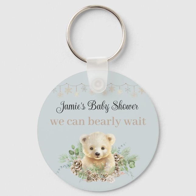 Winter Polar Bear Blue Baby Shower Favour Keepsake Key Ring (Front)