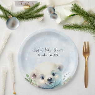 Winter Polar Bear Cold Outside Blue Baby Shower Paper Plate