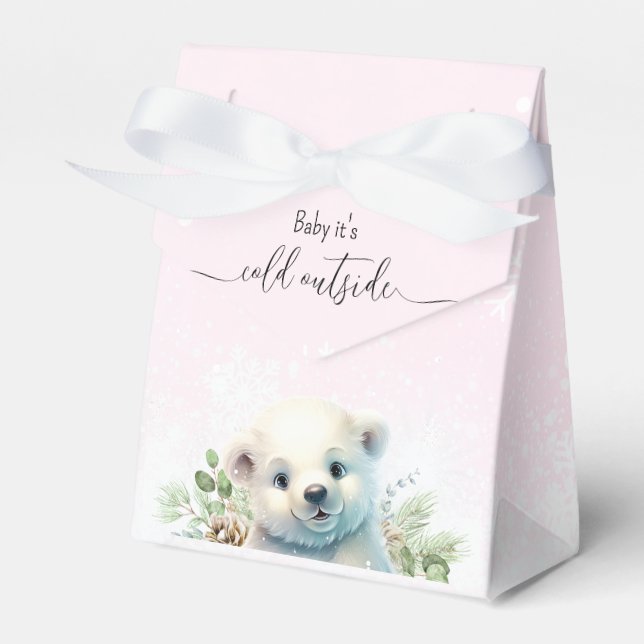 Winter Polar Bear Cold Outside Pink Baby Shower Favour Box (Front Side)