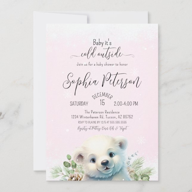 Winter Polar Bear Cold Outside Pink Baby Shower Invitation (Front)