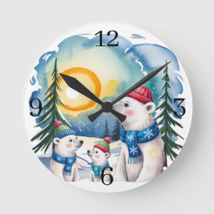 Winter Polar Bear Family Christmas Round Clock