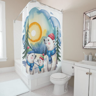 Winter Polar Bear Family Christmas Shower Curtain