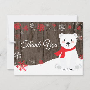 Winter Polar Bear Red Snowflake Thank You Card