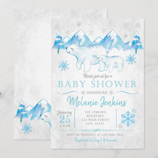 Winter Polar Bear Snow Boy Baby Shower Invitation (Front/Back)