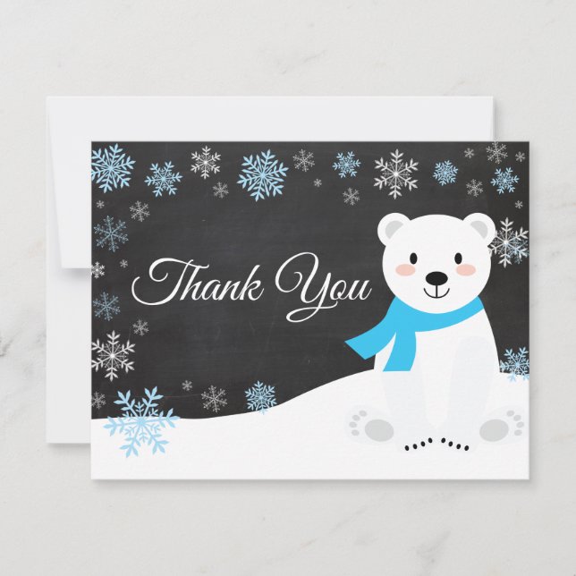Winter Polar Bear Snowflake Blue Thank You Card (Front)