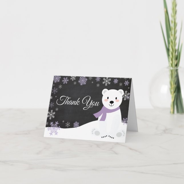 Winter Polar Bear Snowflake Purple Chalkboard Thank You Card (Front)