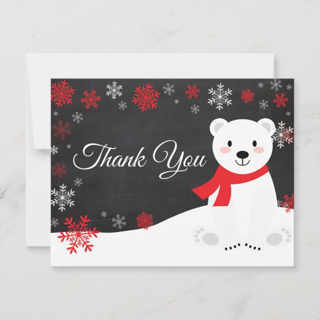 Winter Polar Bear Snowflake Red Thank You Card (Front)