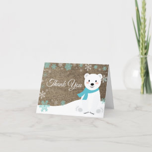 Winter Polar Bear Snowflake Teal Burlap Thank You Card