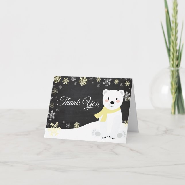 Winter Polar Bear Snowflake Yellow Chalkboard Thank You Card (Front)