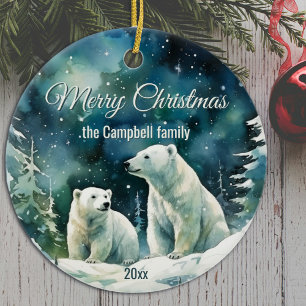 Winter Polar Bears Merry Christmas Family Name Ceramic Tree Decoration
