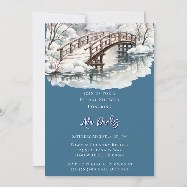Winter Pond Stream Wooden Bridge Bridal Shower Invitation (Front)