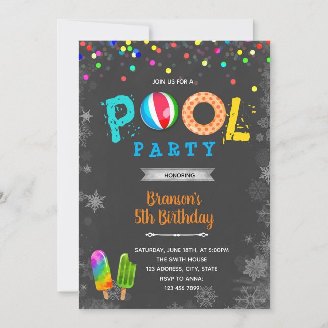 Winter pool birthday party invitation (Front)