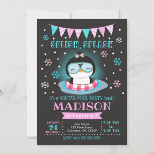 Winter pool party birthday invitation / Penguin