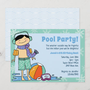 Winter Pool Party Black Hair Boy Indoor Swim Invitation