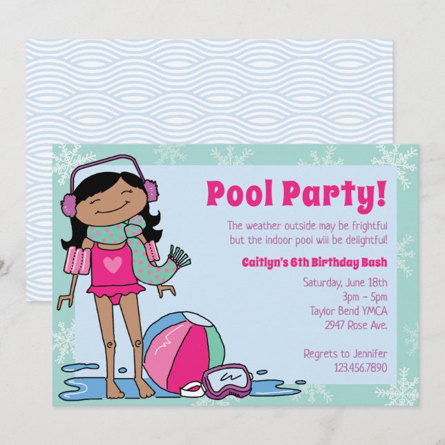 Winter Pool Party Black Hair Girl Indoor Swim Invitation (Front/Back)