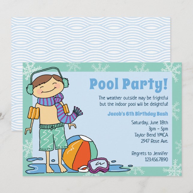 Winter Pool Party Brunette Hair Boy Indoor Swim Invitation (Front/Back)