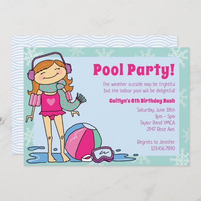 Winter Pool Party Red Hair Girl Indoor Swimming Invitation (Front/Back)
