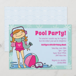 Winter Pool Party Red Hair Girl Indoor Swimming Invitation