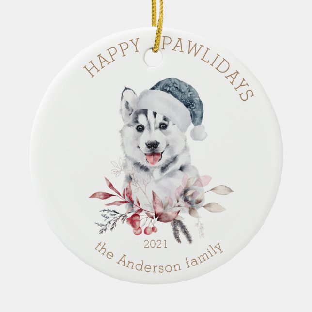 winter puppy happy pawlidays photo ceramic tree decoration (Front)