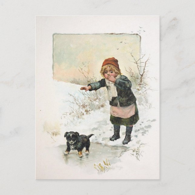 Winter Puppy on Thin Ice Vintage Postcard (Front)
