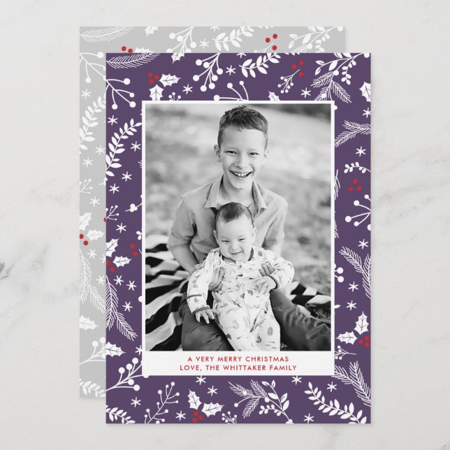 Winter Purple Berries Christmas Holiday Flat Card (Front/Back)