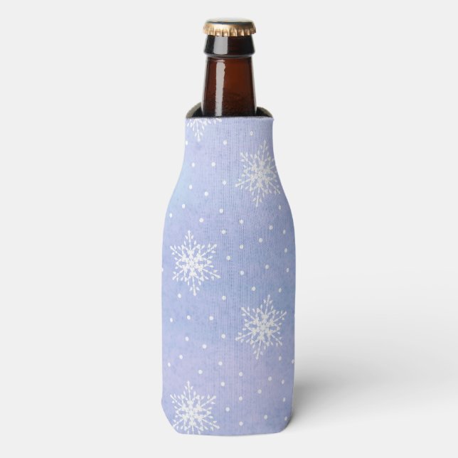 Winter Purple Blue Sky White Snowflakes Polka Dots Bottle Cooler (Bottle Front)