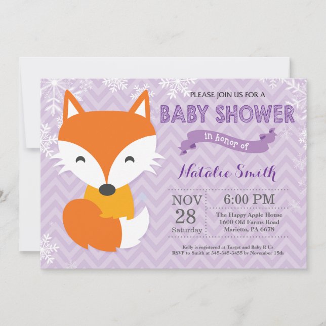 Winter Purple Fox Girl Baby Shower Invitation (Front)