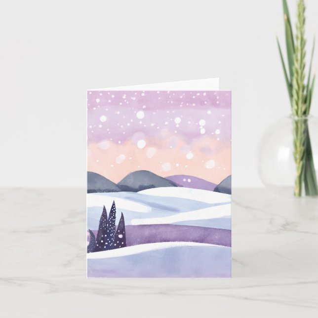 Winter Purple Hills Watercolor Holiday Card (Front)