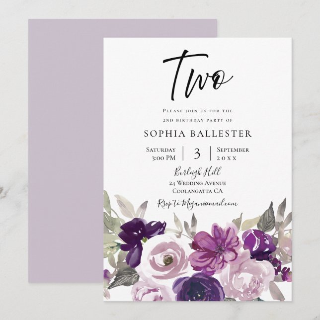 Winter Purple Lavender Floral 2nd Birthday Party Invitation (Front/Back)