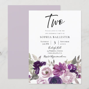 Winter Purple Lavender Floral 2nd Birthday Party Invitation