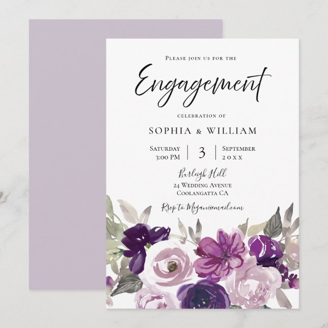 Winter Purple Lavender Floral Engagement Party Invitation (Front/Back)