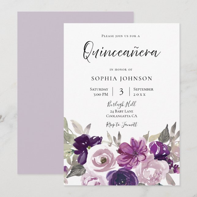 Winter Purple Lavender Floral Quinceanera Party Invitation (Front/Back)