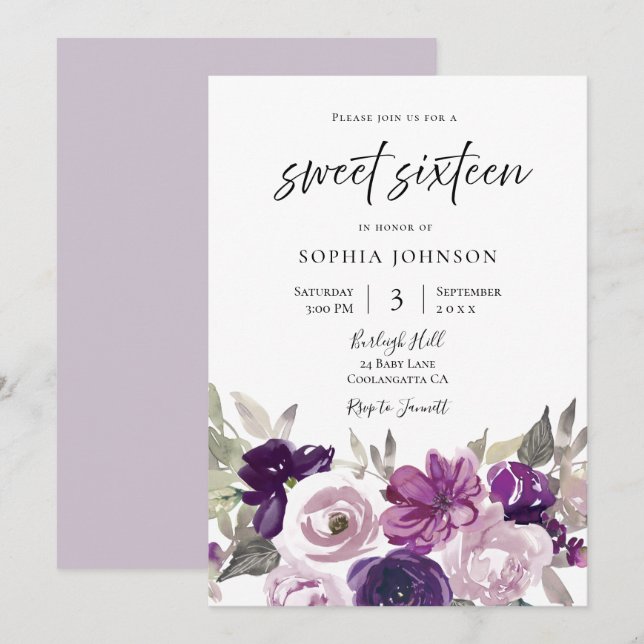 Winter Purple Lavender Floral Sweet 16 Party Invitation (Front/Back)