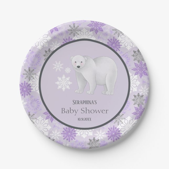 Winter Purple Polar Bear Snowflake Baby Shower Paper Plate (Front)