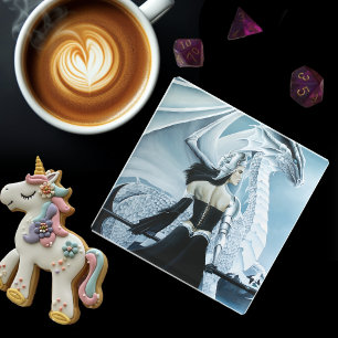 Winter Queen White dragon Fantasy Glass Coaster