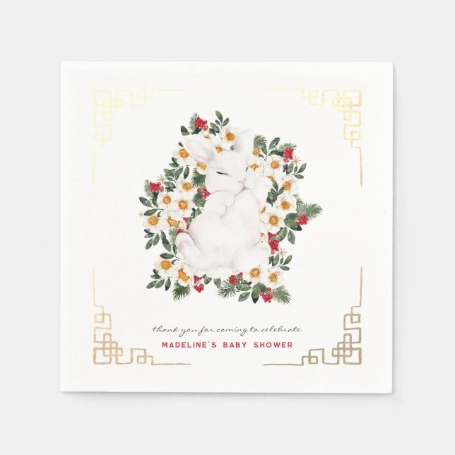 Winter Rabbit Floral | Baby Shower Napkins (Front)