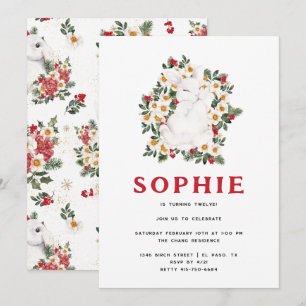 Winter Rabbit Floral   Birthday Party Invitation