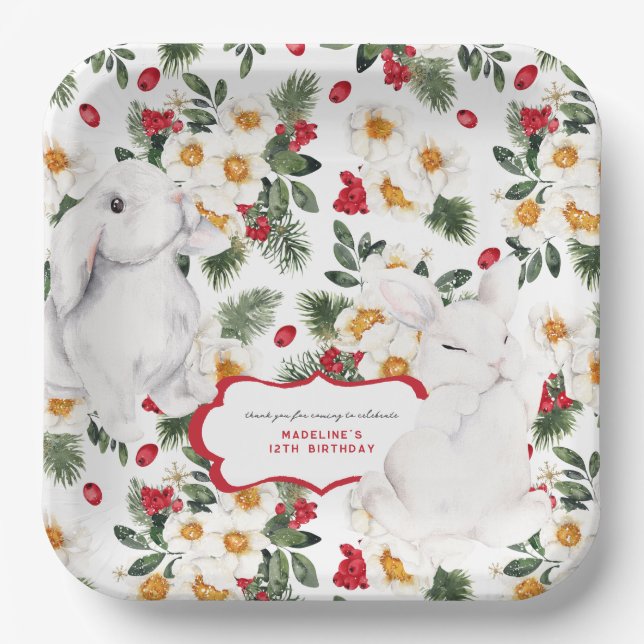 Winter Rabbit Floral | Birthday Party Paper Plate (Front)