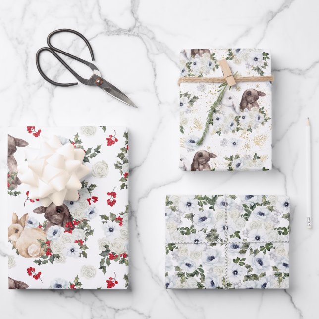 Winter Rabbit Floral | Chinese New Year  Wrapping Paper Sheet (Front)