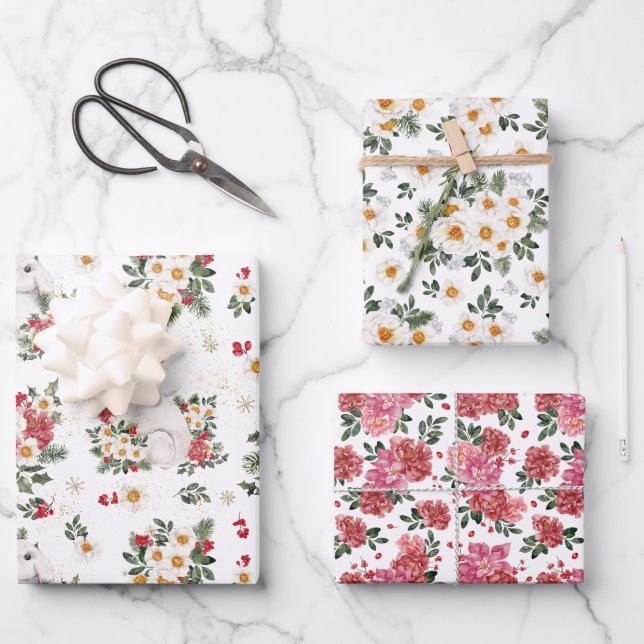 Winter Rabbit Floral | Chinese New Year  Wrapping Paper Sheet (Front)