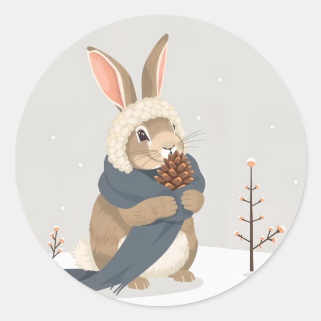 Winter rabbit fun Christmas Classic Round Sticker (Front)