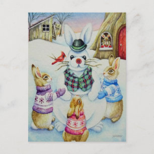 Winter Rabbits Building Snowbunny Watercolor Art Postcard