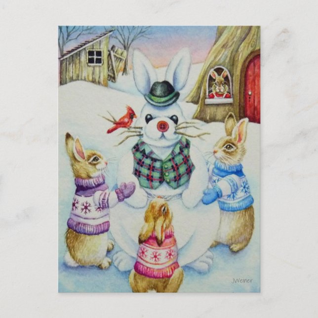 Winter Rabbits Building Snowbunny Watercolor Art Postcard (Front)